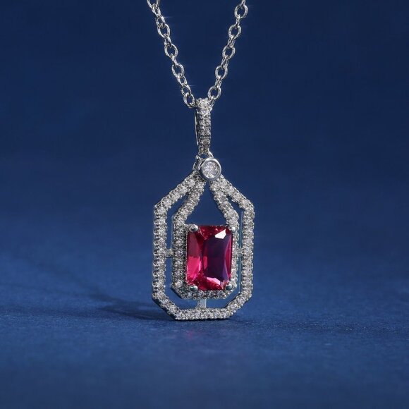 🎁 Double Layer Hollow Ruby Radiant Cut Red Zircon Micro Pave Necklace, EVGG1067 - Picture 2 of 7